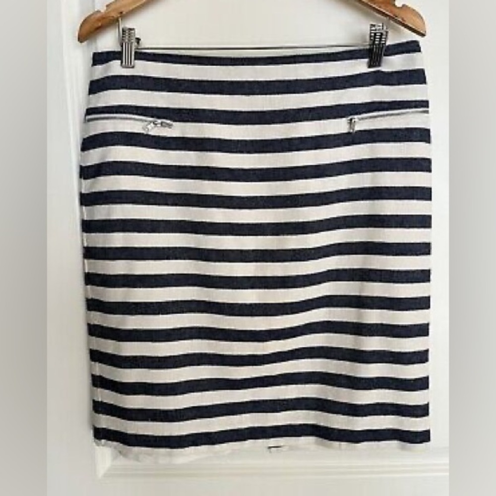 Ann Taylor Factory Petite Navy/White Striped Mini Cooltton/Linen Blend Skirt 4P